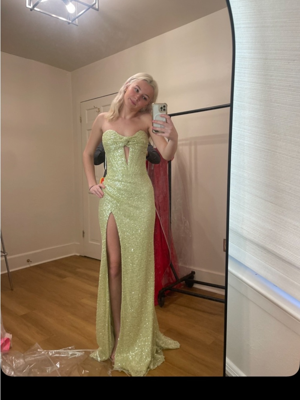 Sherri Hill Strapless Glitter Gown in Lime Green